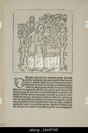 Artista sconosciuto (Illustrator). Gesù chiama Zaccheo da Geistliche Auslegung des Lebens Jesu Christi (l'interpretazione spirituale della vita di Cristo), la piastra 15 da xilografie da libri del XV secolo. 1484-1488. Germania. Silografia in bianco e nero e stampa tipografica in nero (recto e verso), la crema di cui questa carta scarsamente tracciata, anonimo xilografia suggerisce un design incompleto per vetrate. Copie del libro completo, l'interpretazione spirituale della vita di Cristo erano sicuramente anche offerto in un arditamente colorate a mano versione. In questa scena (Luca 19 1-10), Gesù Cristo passa throu Foto Stock