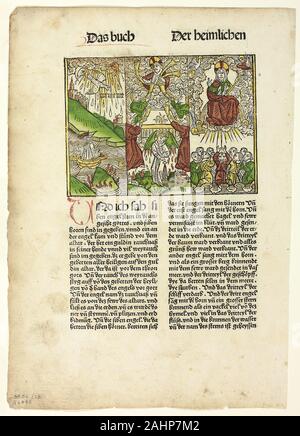 Artista sconosciuto (Illustrator). Libro dell Apocalisse (sette trombe) dalla Bibbia (chiamato anche il decimo tedesco la Bibbia), la piastra 28 da xilografie da libri del XV secolo. 1485. Germania. Xilografia in nero con colorate a mano aggiunte e stampa tipografica in nero con rubrication (recto e verso), la crema di cui la carta Foto Stock