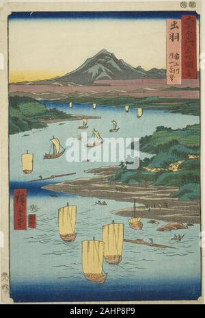 Utagawa Hiroshige. Dewa Provincia Fiume Mogami e distante un vista del monte Gassan (Dewa, Mogamigawa, Gassan enbo), dalla serie luoghi famosi in sessanta-odd province (Rokujuyoshu meisho zue). 1853. Il Giappone. Colore stampa woodblock; oban Foto Stock