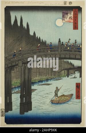 Utagawa Hiroshige. Cantieri di bambù e kyo Ponte (Kyobashi Takegashi), dalla serie di un centinaio di famose vedute di Edo (Meisho Edo hyakkei). 1857. Il Giappone. Colore stampa woodblock; oban Foto Stock