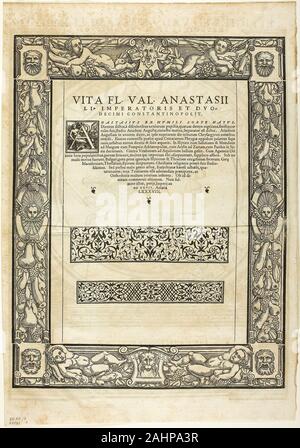 Hans Rudolf Manuel Deutsch. Cornice decorativa (recto) e il Ritratto di Emporer anastasio (verso), piastra di nove dalle xilografie da libri del XVI secolo. 1559. La Svizzera. Silografia su carta Foto Stock