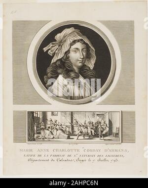 Jean Duplessis-Bertaux. Marie Anne Charlotte Corday d'Armans, da tableaux historiques de la Révolution francaise, volume III. 1793. La Francia. Incisione e imbianchino della incisione su avorio carta Cina stabilite con chine collé su avorio carta intessuta Duplessi-Bertaux fu allievo di Joseph Marie Vien, un artista che ha realizzato una serie di incisioni che documentano la Rivoluzione francese e i viaggi del dovuto de Choiseul. Levachez e suo figlio sono stati incisori, come pure i commercianti di successo, che conosceva il gusto del pubblico bene. E Duplessi-Bertaux Vernet arredate molti di loro sudditi. Foto Stock