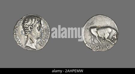 Antico romano. Denario (moneta) raffigurante l'imperatore Augusto. 15 BC-13 BC. Impero Romano. Argento Foto Stock