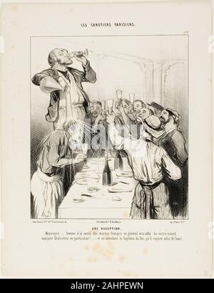 Daumier Honoré-Victorin. Un ricevimento. "Colleghi..... andiamo a bere alla salute dei marinai francesi in generale e per il nuovo compagno di squadra Greluchon in particolare!.... e in attesa per il battesimo di fuoco, ci dà nel frattempo uno con acqua", piastra 10 da Les Canotiers Parisiens. 1843. La Francia. Litografia in nero su bianco carta intessuta Foto Stock