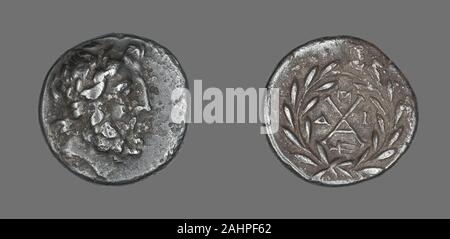 Il Greco antico. Hemidrachm (moneta) raffigurante il dio Zeus Amarios. 222 BC. Mantíneia. Argento Foto Stock