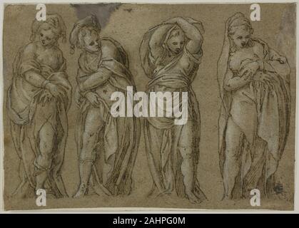 Paolo Farinato. Quattro piedi drappeggiati con figure femminili. 1544-1606. L'Italia. Penna e inchiostro bruno, intensificato con filo bianco (parzialmente ossidato), su grigio carta vergata, stabilite su avorio di cui la carta Foto Stock