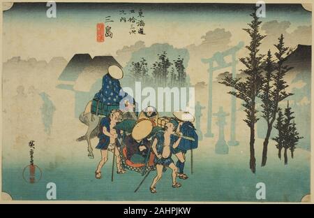 Utagawa Hiroshige. Mishima Nebbia di mattina (Mishima, asagiri), dalla serie di cinquanta tre stazioni della linea Tokaido Road (Tokaido gojusan tsugi no uchi), noto anche come Hoeido Tokaido. 1828-1839. Il Giappone. Colore stampa woodblock; oban Foto Stock