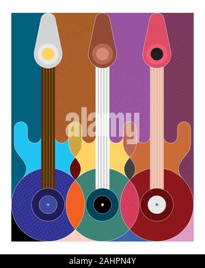 Tre Chitarre elettriche abstract stile geometrico illustrazione vettoriale. Music poster design. Illustrazione Vettoriale