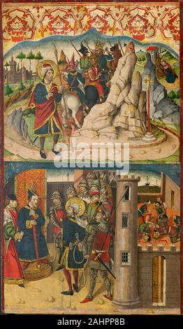 Martin de Soria. Saint Christopher incontra Satana; Saint Christopher davanti al re di Lycia. 1450-1487. Spagna. Tempera con smalti olio su pannello Foto Stock