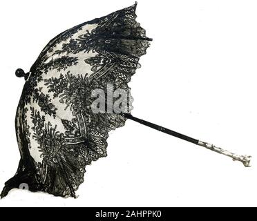 Gorham Manufacturing Company (produttore). Ombrellone. 1855-1880. La Francia. Nero pizzo Chantilly overy taffetà avorio. Foderato con sottili di seta bianca; con manico in legno in forma di rustico sitck; manico pieghevole; acciaio telaio di tubi Foto Stock