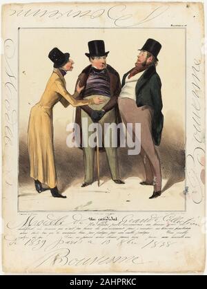 Daumier Honoré-Victorin. Un candidato. "Chi vuoi ... Un montante, coscienzioso, sobrio uomo, un imprenditore, un uomo che non ha bisogno il governo per arricchire se stesso, un uomo che ha familiarità con il diritto, chi lo sa bene, attraverso la pratica, molto lunga pratica... una lunga pratica della legge... non puoi scegliere meglio... il mio onorevole amico", piastra 48 da Caricaturana. 1837. La Francia. A mano litografia colorata in nero, intensificato con gomma arabica su avorio carta intessuta Daumier non poteva più apertamente criticato il governo francese nella sua arte dopo il Re Louis Philippe imprigionato lui per sei mesi in Foto Stock