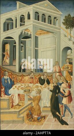 Giovanni di Paolo. La testa di San Giovanni Battista ha portato prima di Erode. 1455-1460. L'Italia. Tempera su pannello di Giovanni di Paolo ha lavorato entro il conservatore la tradizione artistica di Siena, la creazione di modelli di ricca e intensamente un umore devozionali nei suoi dipinti. Tra le più belle opere di narrativa sono questi sei pannelli, parte di una serie di dodici raffiguranti scene della vita di San Giovanni Battista, il parente e profeta di Cristo. Altri pannelli dalla serie sono sparsi in Europa e American collezioni; essi possono originariamente hanno formato le porte di un santuario di alloggiamento di una reliquia del santo. In fi Foto Stock