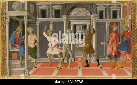 Di Matteo di Giovanni. Il Sogno di San Girolamo. 1476. L'Italia. Tempera su pannello con l'Istituto d'Arte di San Agostino la visione e una scena della crocifissione, questo pannello formato la base o scomparto di predella, di una pala commissionata da Matteo di Giovanni dalla famiglia Placidi nel 1476. Il suo centro, che raffigura la Vergine e il bambino che appare ai Santi Girolamo e Giovanni Battista, rimane nella chiesa di San Domenico, Siena. I due piccoli pannelli di narrativa in Istituto d Arte onore San Girolamo sia come un santo eremita e un erudito Padre della Chiesa. Anche dopo che egli si ritirò nel deserto, Jerome t Foto Stock