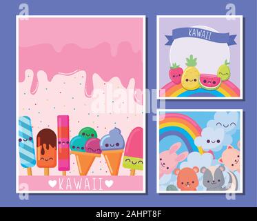 Imposta icona vignette design, Kawaii espressione carattere simpatico e divertente il tema di emoticon illustrazione vettoriale Illustrazione Vettoriale