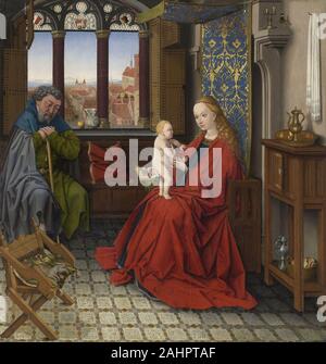 Northern Netherlandish School. La Santa Famiglia. 1475. Nord dei Paesi Bassi. Olio su pannello questa vista della Sacra Famiglia in un interno è riempito con la monotonia di un confortevole esistenza borghese. Il suo produttore sconosciuto è stato probabilmente lavorando da un repertorio di disegni modello derivato da i più innovativi Netherlandish pittori del xv secolo, Rogier van der Weyden e Jan van Eyck. La posa della Vergine e il buffet con la sua ottone e peltro navi sono particolarmente indebitato al loro lavoro. Allo stesso tempo, la pittura di stile secco e il suo uso di un abete piuttosto che un pannello in legno di quercia Foto Stock