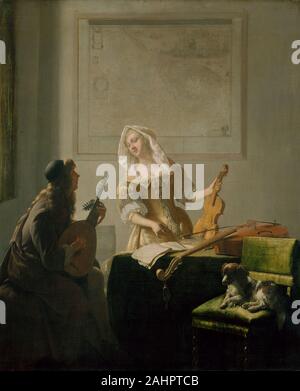 Jacob Ochtervelt. La lezione di musica. 1671. Holland. Olio su tela di Giacobbe Ochtervelt le migliori opere la lezione di musica è stato probabilmente dipinto a Rotterdam, dove l'artista ha trascorso la maggior parte della sua carriera. La luce delicata, che illumina la ragazza e lascia la gioventù in parte in ombra, è indebitata a Johannes Vermeer, che ha lavorato nella vicina città di Delft. Caratteristica di Ochtervelt sono tuttavia la pone angolata e del vivace interscambio tra le figure. La ragazza tiene un violino, uno strumento più spesso svolto dagli uomini e i punti autorevolmente la musica punteggio in un ironico inversione Foto Stock