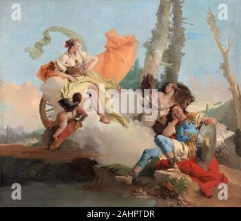 Giambattista Tiepolo. Armida incontra il dormire Rinaldo. 1742-1745. L'Italia. Olio su tela di Giovanni Battista Tiepolo la monumentale soffitto e decorazioni a parete personificano la brillante esuberanza di stile tardo barocco. Tiepolo goduto di una carriera internazionale ed è stato chiamato a utilizzare la sua padronanza della luce, il colore e l'illusione di trasformare i palazzi e monasteri nella sua nativa Venezia e altrove in Italia così come in Germania e in Spagna. Questo dipinto e altri tre all'Istituto d'Arte, insieme con i più piccoli pannelli decorativi e un soffitto dipinto, una volta graced il gabinetto di specchi, Foto Stock