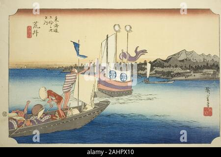 Utagawa Hiroshige. Arai Visualizza di traghetti (Arai, watashibune no zu), dalla serie di cinquanta tre stazioni della linea Tokaido (Tokaido gojusan tsugi no uchi), noto anche come Hoeido Tokaido. 1828-1839. Il Giappone. Colore stampa woodblock; oban Foto Stock