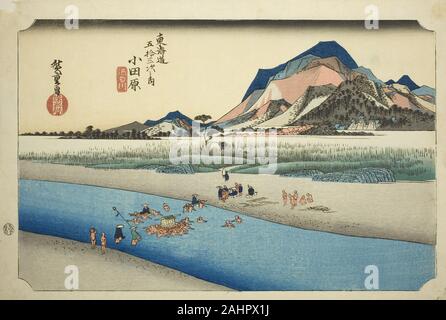 Utagawa Hiroshige. Odawara il fiume Sakawa (Odawara, Sakawagawa), dalla serie di cinquanta tre stazioni della linea Tokaido Road (Tokaido gojusan tsugi no uchi), noto anche come Hoeido Tokaido. 1828-1839. Il Giappone. Colore stampa woodblock; oban Foto Stock