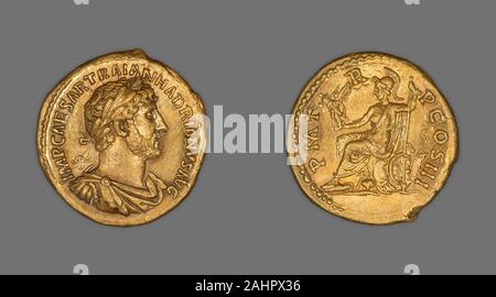 Antico romano. Aureus (moneta) raffigurante l'imperatore Adriano. 120 AD-123 annuncio. Impero Romano. Oro ritratti di persone importanti che compaiono sulla valuta locale in tutto il mondo. Lo stesso era vero nella Roma antica, che ha iniziato a produrre la sua prima moneta alla fine del IV secolo A.C. Inizio monete raffigurati i capi di dei e dee sul lato anteriore, spesso nel profilo, mentre il retro raffigurati animali, risorse naturali, simboli e riferimenti a eventi storici. Non è stato fino al 44 A.C. che il ritratto di una persona viva-Julius Caesar-apparve sulle monete. Successivamente, il profilo di ritratti dei sovrani o altri Foto Stock