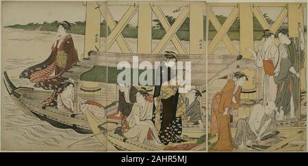 Torii Kiyonaga. Imbarcazioni da diporto sotto il ponte Azuma. 1779-1789. Il Giappone. Colore stampa woodblock; oban trittico Foto Stock