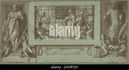 Federico Zuccaro. Santa Caterina in carcere convertendo l'Imperatrice Faustina al cristianesimo, fiancheggiata da Santi Saturnius e Simon. 1570-1571. L'Italia. Penna e inchiostro bruno, con spazzola e lavaggio marrone, intensificato con piombo gouache bianco, blu su cui la carta si tratta di un inizio sviluppato modello compositivo per l'affresco nel coro della chiesa di Santa Caterina dei Funari, Roma, databile al 1570/71-una commissione che Livio Agresti ha iniziato (vedere disegno adiacenti) e Federico finito. In definitiva, l'affresco è stato cambiato da un basamento per un overdoor, come documentato da due ulteriori studi. Come il Livi Foto Stock