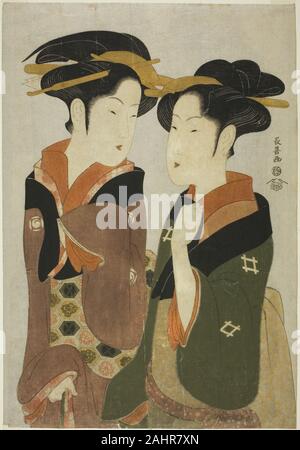 Eishosai Choki. Kan, una cameriera del Izutsuya e la geisha Fuseya del Ogiya. 1789-1799. Il Giappone. Colore stampa woodblock; oban Foto Stock