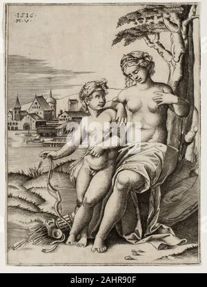 Agostino dei Musi. Venere ferito da Cupido Dart. 1516. L'Italia. Incisione in bianco e nero in crema di latte di cui la carta Foto Stock