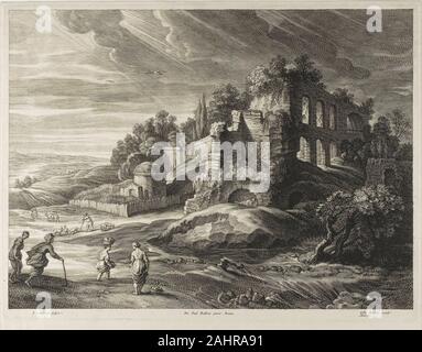 Schelte Adamsz. Bolswert. Paesaggio con il grande rovine, dal piccolo paesaggi. 1633-1645. Le Fiandre. Incisione su avorio carta vergata Schelte Adamsz. Bolswert era il più noto per le sue incisioni riproduttiva dei lavori del pittore fiammingo Peter Paul Rubens. Questa incisione è da una lunga serie di piccole dimensioni chiamati paesaggi, che mostra gli esseri umani in totalizzante, paesaggi spettacolari. Le figure umane in questa composizione, che pascolano le pecore e recuperare acqua dal flusso, interagiscono e si fondono nel loro ambiente. Foto Stock