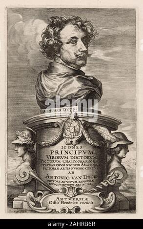 Jacques Neeffs. Titolo pagina dall'iconografia. 1645. Le Fiandre. Incisione e incisione in nero su avorio carta vergata il pittore Anthony van Dyck attaccato solo la testa della maggior parte dei suoi ritratti, lasciando sullo sfondo di altri artisti. Jacques Neeffs ampliato questo stampa con linee incise, trasformando Van Dyck abbreviato della Self-portrait in un busto scultoreo in cima ad una colonna di robusta. Terminato postumo, a lungo dopo Van Dyck la nomina come pittore di corte di Carlo I d'Inghilterra, la stampa risultante rafforza Van Dyck la fama, che serve come esso funziona come la pagina del titolo alla sua iconografia, una serie di Foto Stock