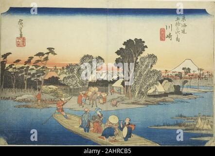Utagawa Hiroshige. Kawasaki il traghetto Rokugo (Kawasaki, Rokugo watashibune), dalla serie di cinquanta tre stazioni della linea Tokaido (Tokaido gojusan tsugi no uchi), noto anche come Hoeido Tokaido. 1828-1839. Il Giappone. Colore stampa woodblock; oban Foto Stock
