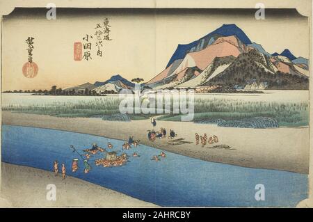 Utagawa Hiroshige. Odawara il fiume Sakawa (Odawara, Sakawagawa), dalla serie di cinquanta tre stazioni della linea Tokaido Road (Tokaido gojusan tsugi no uchi), noto anche come Hoeido Tokaido. 1828-1839. Il Giappone. Colore stampa woodblock; oban Foto Stock