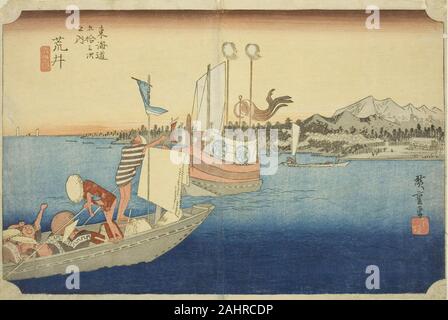 Utagawa Hiroshige. Arai Visualizza di traghetti (Arai, watashibune no zu), dalla serie di cinquanta tre stazioni della linea Tokaido (Tokaido gojusan tsugi no uchi), noto anche come Hoeido Tokaido. 1828-1839. Il Giappone. Colore stampa woodblock; oban Foto Stock