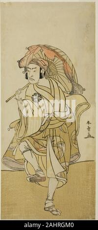 Katsukawa Shunsho. L'attore Nakamura Nakazo I come Onmaya Kisanda dissimulata come il leone Kakubei ballerino nella Play Chigo Torii Tobiiri Kitsune, eseguita presso il Teatro Ichimura nell'undicesimo mese, 1777. 1772-1782. Il Giappone. Colore stampa woodblock; hosoban; uno foglio di un quattro-composizione del foglio Foto Stock