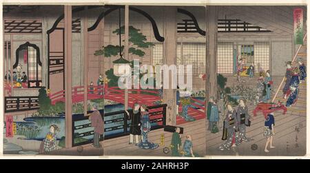 Utagawa Hiroshige II (Shigenobu). L'interno dell'Gankiro a Yokohama (Yokohama Gankiro mikomi no zu). 1860. Il Giappone. Colore stampa woodblock; oban trittico Foto Stock