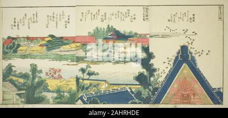 Katsushika Hokusai. Le pagine dal libro illustrato vedute panoramiche lungo le rive del Fiume Sumida (Ehon Sumidagawa ryogan ichiran). 1801-1806. Il Giappone. Colore stampa woodblock; 3 pagine dal libro illustrato Foto Stock