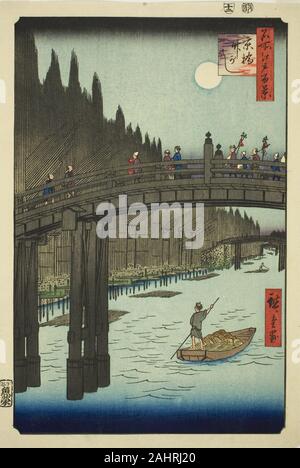 Utagawa Hiroshige. Cantieri di bambù e kyo Ponte (Kyobashi Takegashi), dalla serie di un centinaio di famose vedute di Edo (Meisho Edo hyakkei). 1857. Il Giappone. Colore stampa woodblock; oban Foto Stock