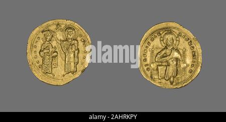 Bizantina. Histamenon (moneta) di Romanus III Argyrus con Cristo in trono. 1028-1034. Costantinopoli. Oro ritratti di persone importanti che compaiono sulla valuta locale in tutto il mondo. Lo stesso era vero nella Roma antica, che ha iniziato a produrre la sua prima moneta alla fine del IV secolo A.C. Inizio monete raffigurati i capi di dei e dee sul lato anteriore, spesso nel profilo, mentre il retro raffigurati animali, risorse naturali, simboli e riferimenti a eventi storici. Non è stato fino al 44 A.C. che il ritratto di una persona viva-Julius Caesar-apparve sulle monete. Successivamente, il profilo di ritratti di Foto Stock