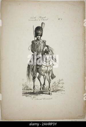 Carle Vernet. Royal Guard, Norman montato granatiere e Cavallo, No. 1. 1813-1823. La Francia. Litografia in bianco e nero in avorio carta intessuta Foto Stock