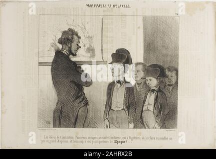 Daumier Honoré-Victorin. Gli alunni dell Istituto Pascareau stanno cercando la loro nuova scuola uniforme che li rende un aspetto un po' come il grande Napoleone e una partita come piccolo giornale boys, piastra 25 dal Professeurs Et Moutards. 1846. La Francia. Litografia in bianco e nero in crema carta intessuta con testo aggiunto in un altro canto e stampa tipografica verso Foto Stock