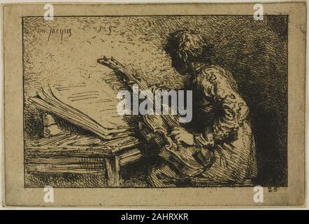 Charles Émile Jacque. Lettore di chitarra. 1845. La Francia. Incisione sul tan chine stabilite su avorio di cui la carta Foto Stock