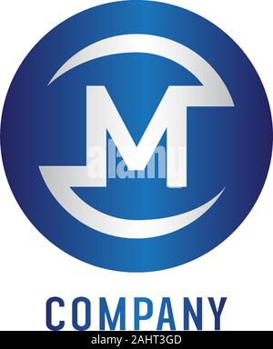 Lettera alfabetica M Logo Design Template, Abjad, semplice e pulita, metallizzato Blu, Bianco, arrotondato ellisse Logo Lettermark concetto, Strong & Bold Illustrazione Vettoriale
