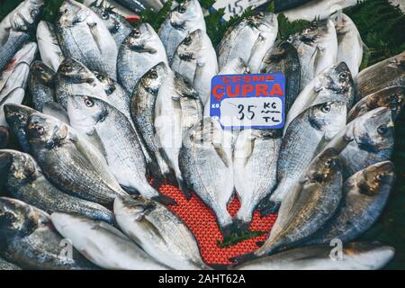 La vendita di pesce fresco nel mercato turco. L'iscrizione in turco è tradotto - Orate di mare Pesce. Foto Stock