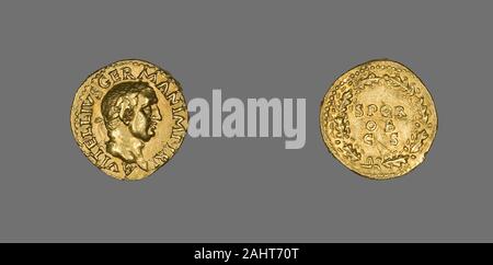 Antico romano. Aureus (moneta) raffigurante l'imperatore Vitellius. 69 annuncio. Roma. Oro testa complementare di Tito a destra, laureateReverse Nettuno sorge a sinistra, piede sul globo terrestre, tenendo acrostolium e trident Foto Stock