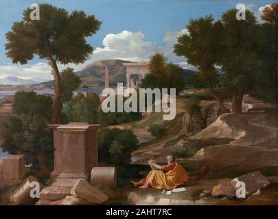 Nicolas Poussin. Paesaggio con San Giovanni a Patmos. 1640. La Francia. Olio su tela sebbene francese di nascita e formazione, Nicolas Poussin ha trascorso la maggior parte della sua carriera a Roma, immerso nello studio di arte antica, dove dipinge classicamente ispirato opere per un elite istruita. La sua arte è stata a lungo considerata la realizzazione degli ideali del XVII secolo il classicismo. In questo dipinto, San Giovanni, uno dei quattro Evangelisti che hanno scritto i Vangeli del Nuovo Testamento, reclinabile accanto il suo attributo, l'aquila. Egli è qui illustrato come un potente uomo vecchio, presumibilmente dopo il ritiro del greco mi Foto Stock