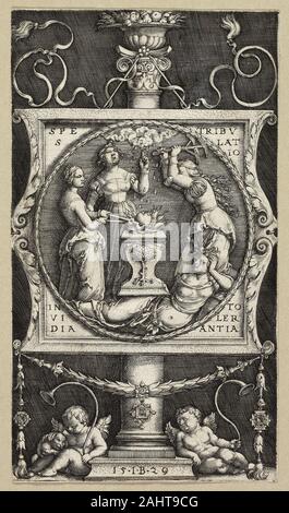 Master I.B.. Ex libris di Willibald Pirckheimer. 1529. Germania. Incisione in nero su avorio di cui questa carta incisi ex libris è stata fatta per Albrecht Dürer migliore amico, l'Umanista di Norimberga Willibald Pirckheimer. L'artista ha creato una circolare disegno preparatorio di una allegoria delle tre donne pounding un cuore su una incudine in 1528. Quando Dürer morì prematuramente di quell'anno, lasciando il lavoro incompiuto, il suo allievo del maestro I. B. atta al final disegno stampato. Pirckheimer usato la stampa come un ex libris lungo con Dürer il ritratto di lui almeno una volta, in un 1502 edition di Dante Divin Foto Stock