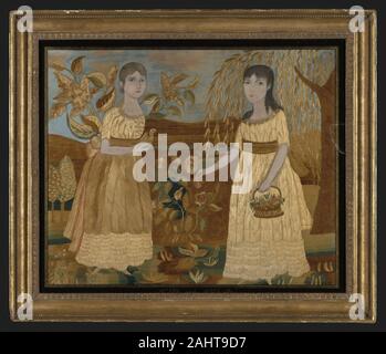 Foto che ritraggono Ann e Sarah (ricamo). 1801-1825. New York. Seta, ad armatura a tela; verniciate; ricamato in seta di raso e stelo maglie; nodi francese Foto Stock