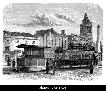 Londra, aria compressa tramvia del Beaumont company a Stratford Broadway, la locomotiva funzionante con aria compressa carica da un tombino tra le rotaie per tirare un automobile per passeggeri, XIX secolo Foto Stock