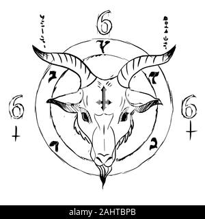 Satanico testa di capra in occultismo simbolo a cerchio circondato da numero 666 e iscrizione in latino Illustrazione Vettoriale