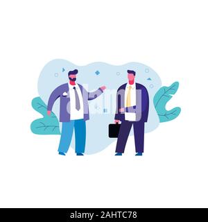 Barbuto maschio business in tuta di parlare con un collega di grafica vettoriale illustrazione piatta Illustrazione Vettoriale